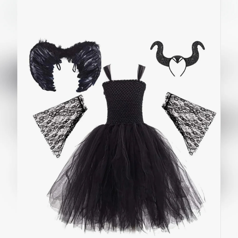 NEW Enchanting Dark Angel Queen Kid Costume Whimsigoth Goth Tutu Wings Set 2-3T